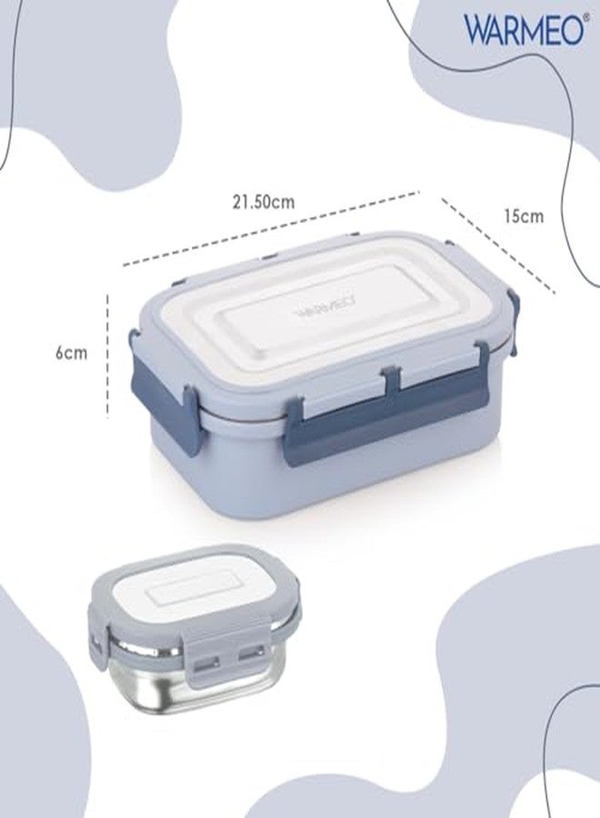 WARMEO علبة طعام وارميو ديلايت المعزولة المصنوعة من الفولاذ المقاوم للصدأ، محكمة الإغلاق، مانعة للتسرب، مزودة بغطاء بمشبك قفل، خفيفة الوزن، سهلة التنظيف، مثالية للمكتب والمدرسة والنزهات والسفر، عبوة مزدوجة (800 مل + 150 مل)، أزرق ورمادي - Image 4